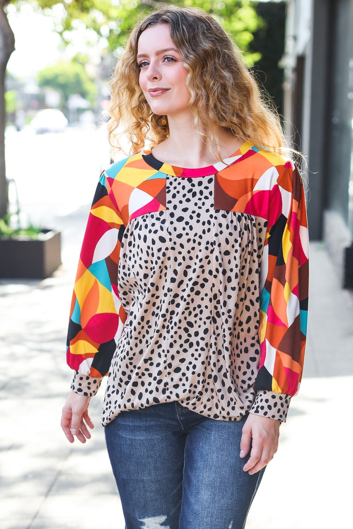 Rust & Khaki Geometric Animal Print Color Block Bubble Sleeve Top