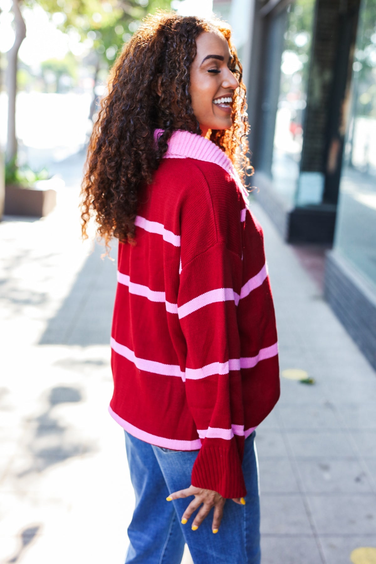 Fall For You Crimson Stripe Notched Neck Collared Oversized Sweater