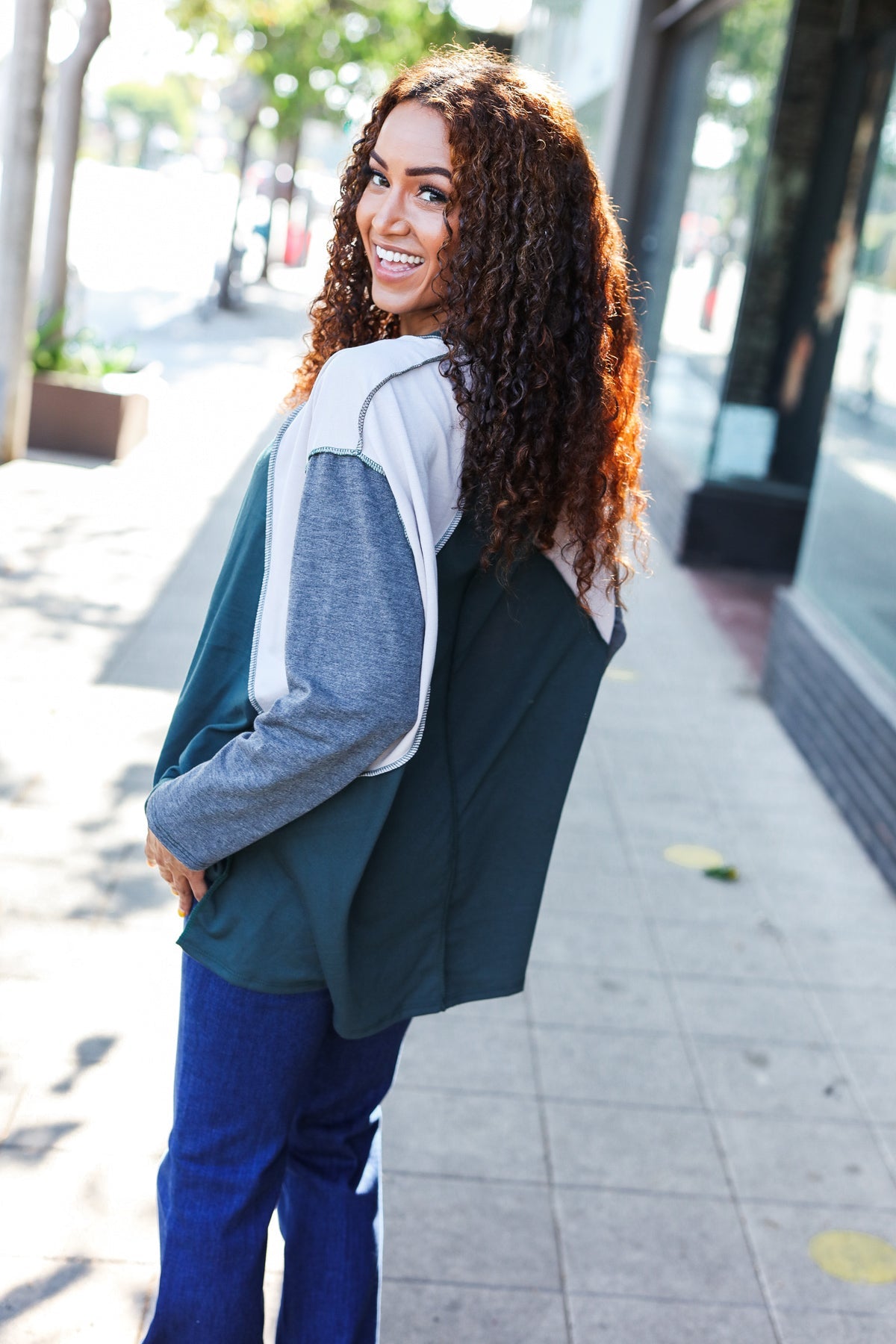 Stand Out Hunter Green V Neck Raglan Color Block Outseam Top