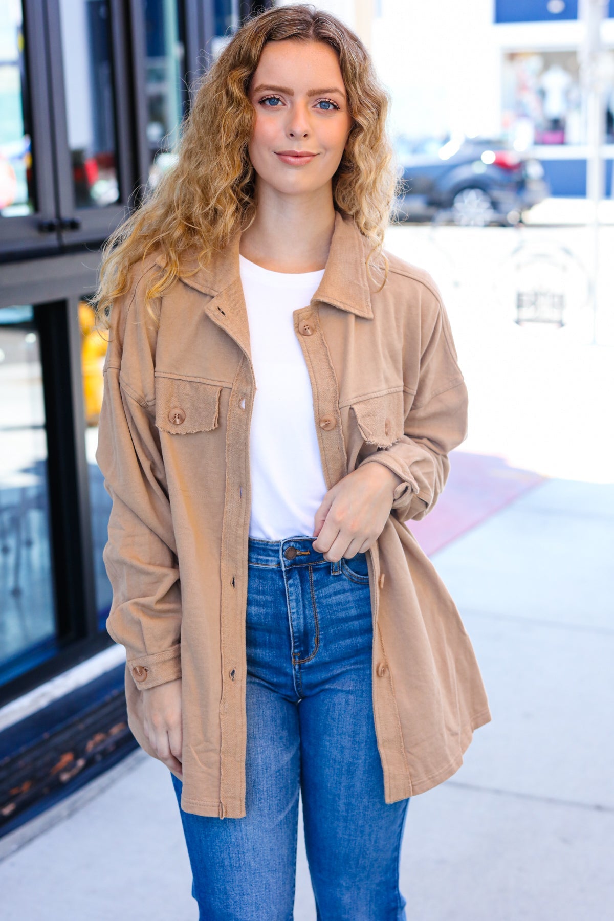 Weekend Ready Camel Terry Oversized Shirt Shacket