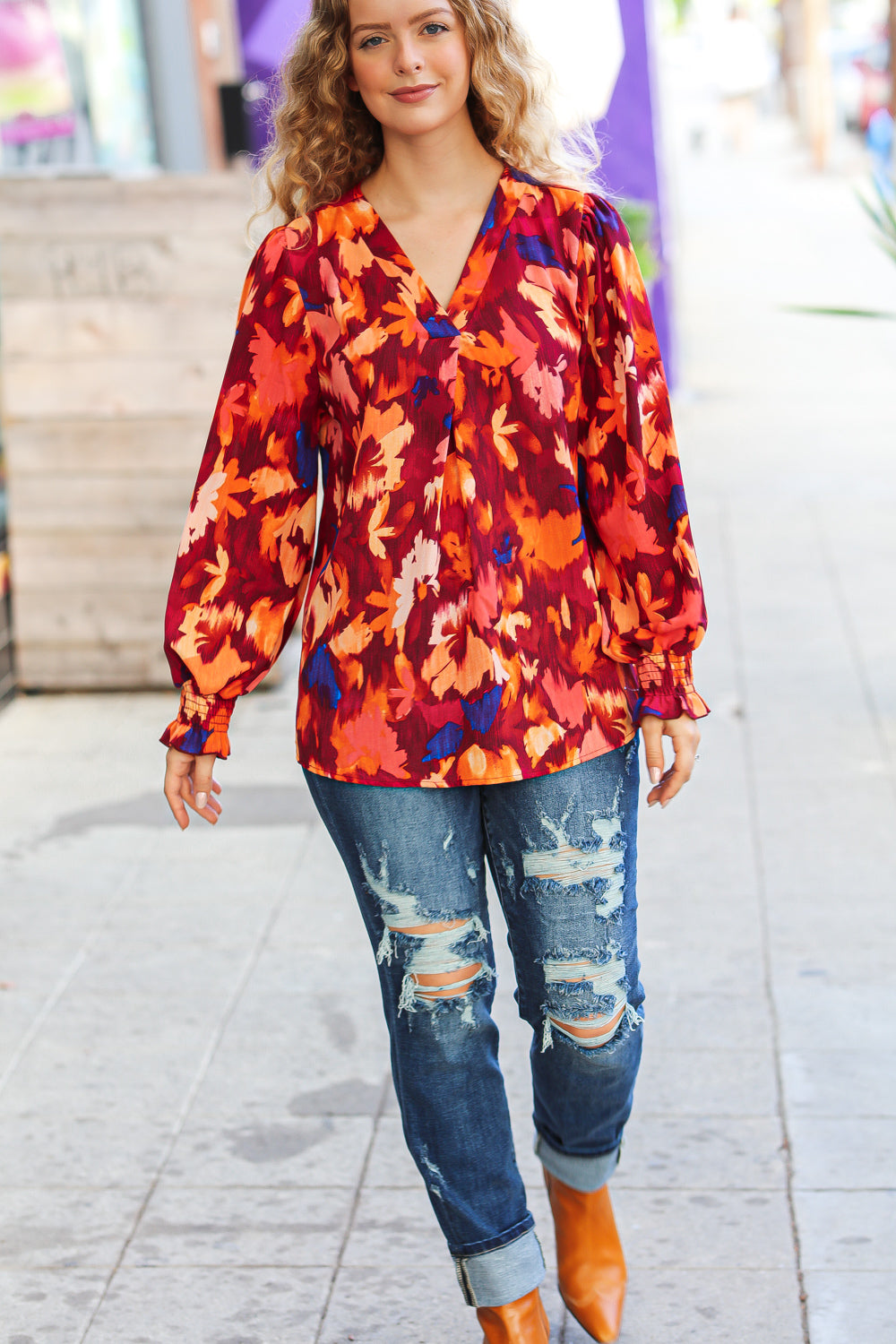 Burgundy Floral Abstract Print V Neck Smocked Top