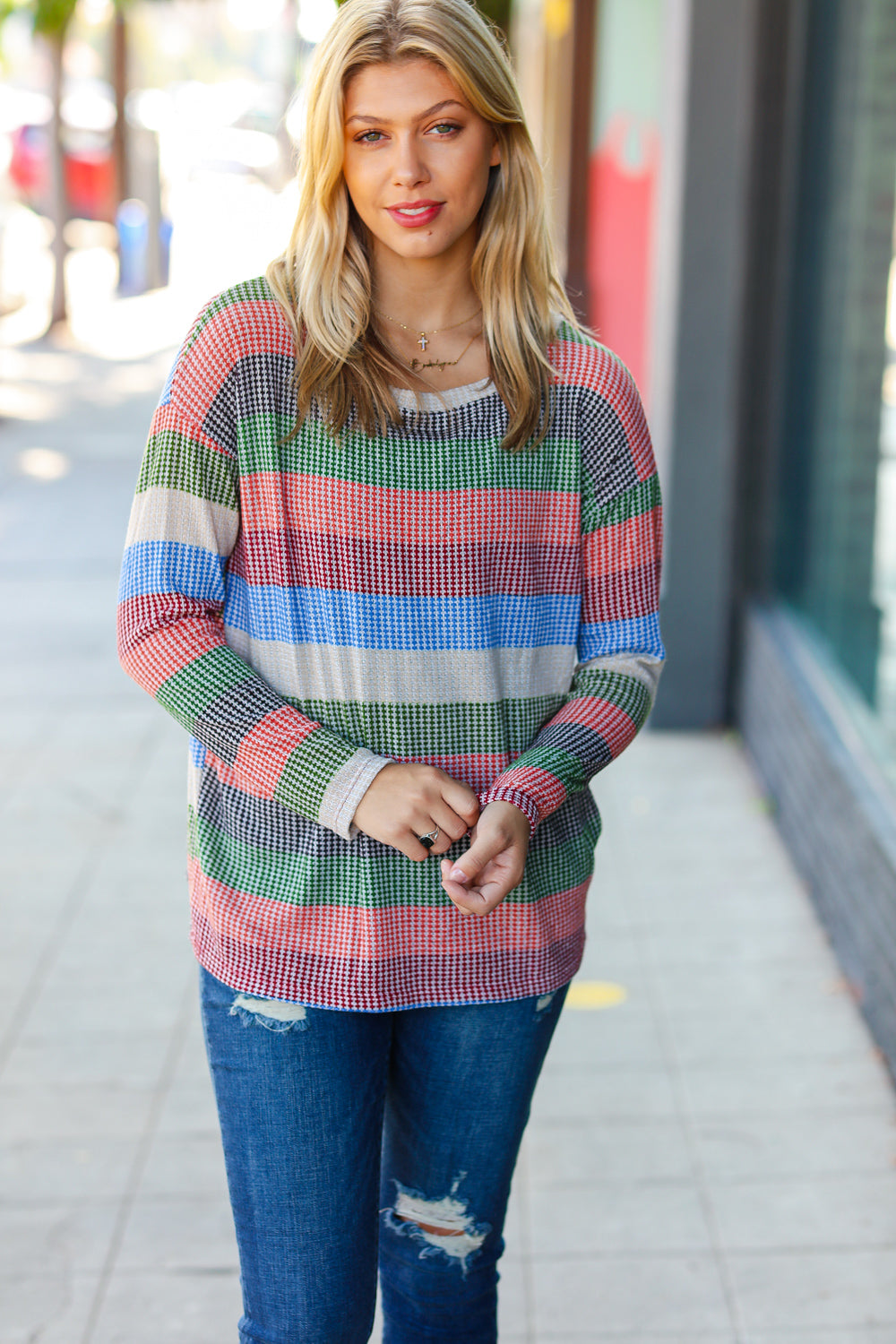 Blue & Olive Textured Vintage Stripe Top