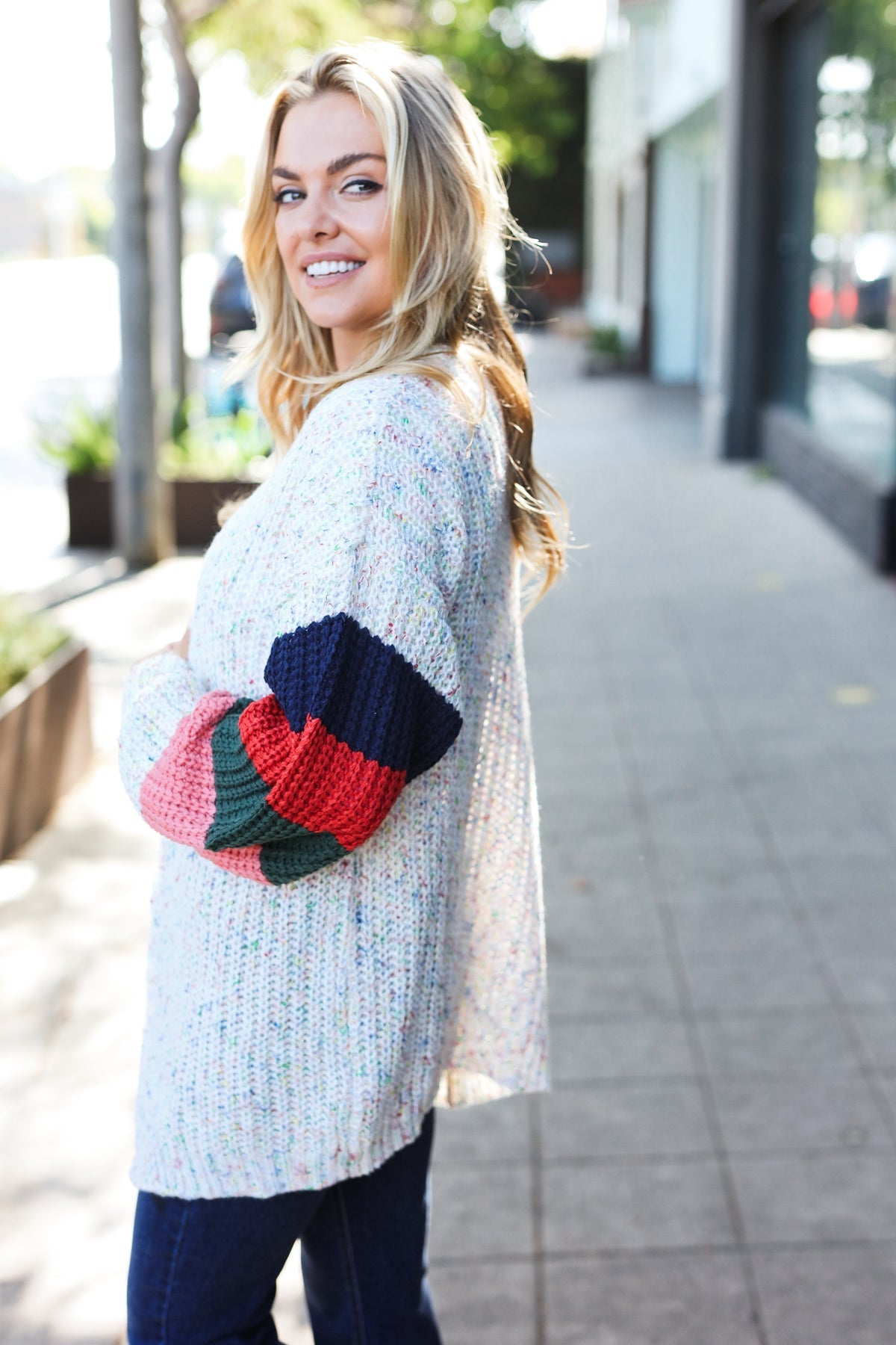 Weekend Ready Ivory Multicolor Mixed Thread Bubble Sleeve Cardigan