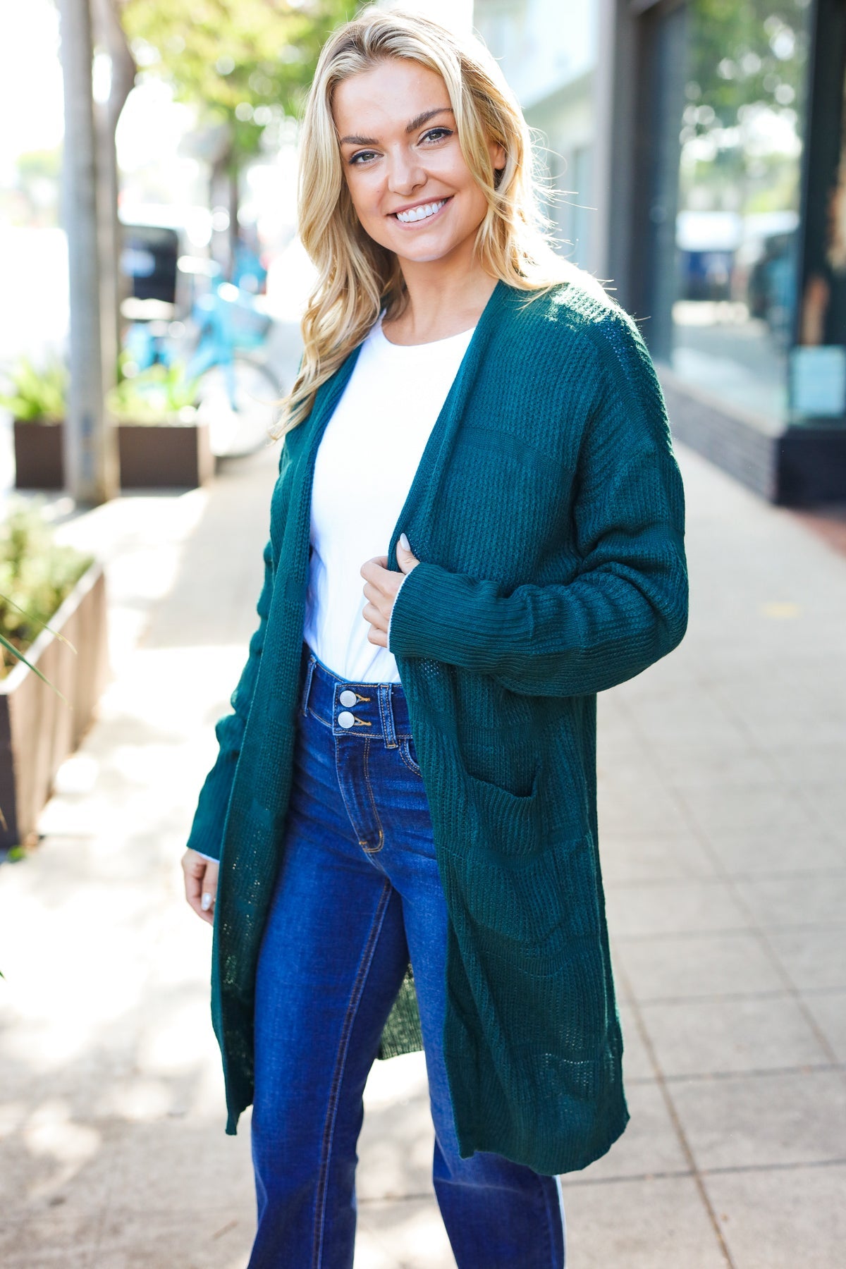 Everyday Hunter Green Striped Knit Open Cardigan