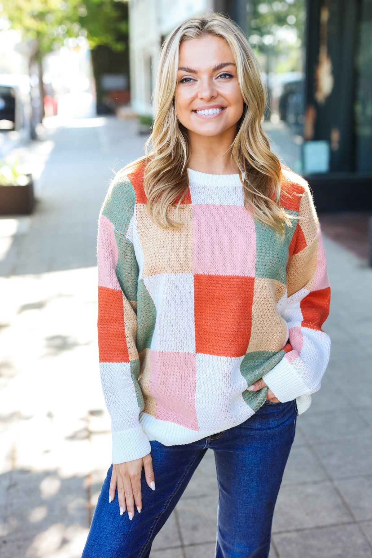 Be Bold Ivory & Rust Checker Jacquard Knit Sweater