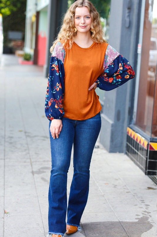 Rust & Navy Floral Textured Hacci Top