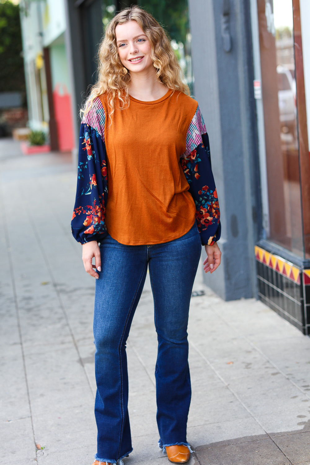 Rust & Navy Floral Textured Hacci Top