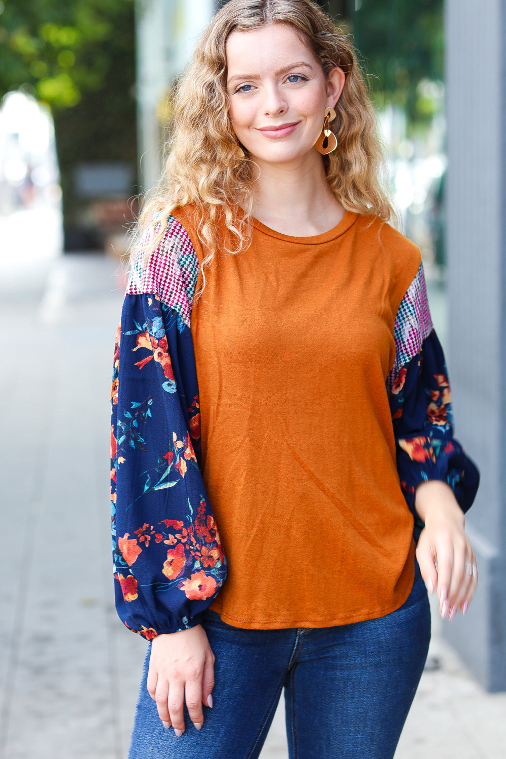 Rust & Navy Floral Textured Hacci Top