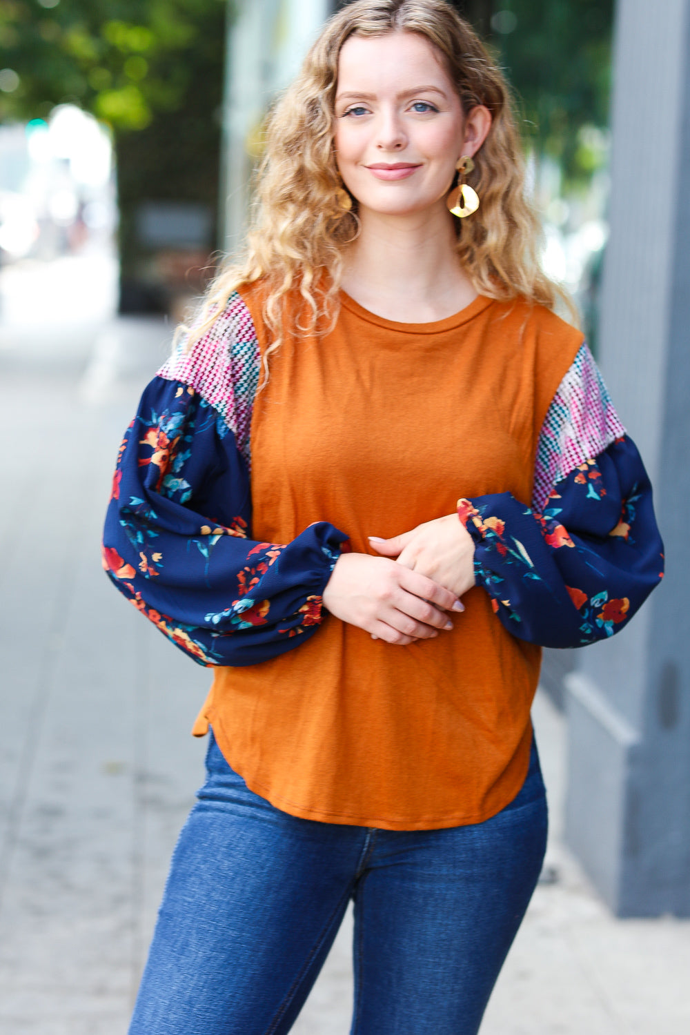 Rust & Navy Floral Textured Hacci Top