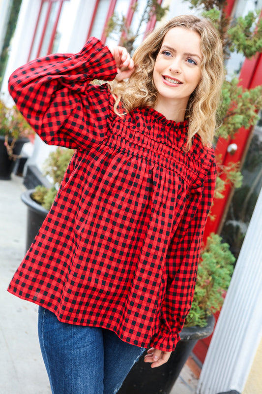 Adorable in Red Gingham Shirred Mock Neck Top