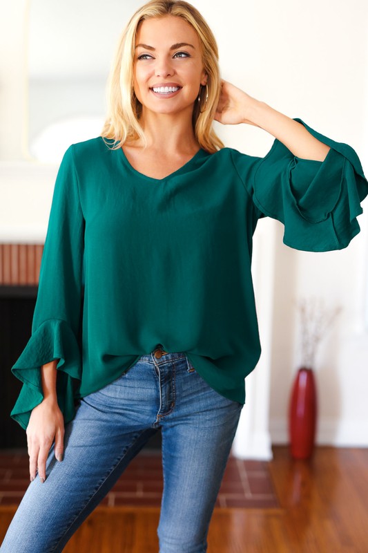 Falling In Love Hunter Green Hi-Lo Ruffle Sleeve Woven Top