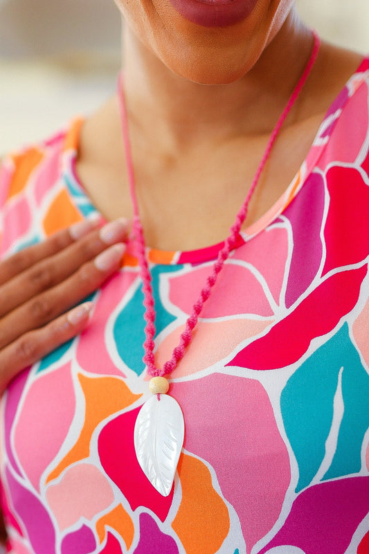 Pink Rope Iridescent Shell Feather Necklace