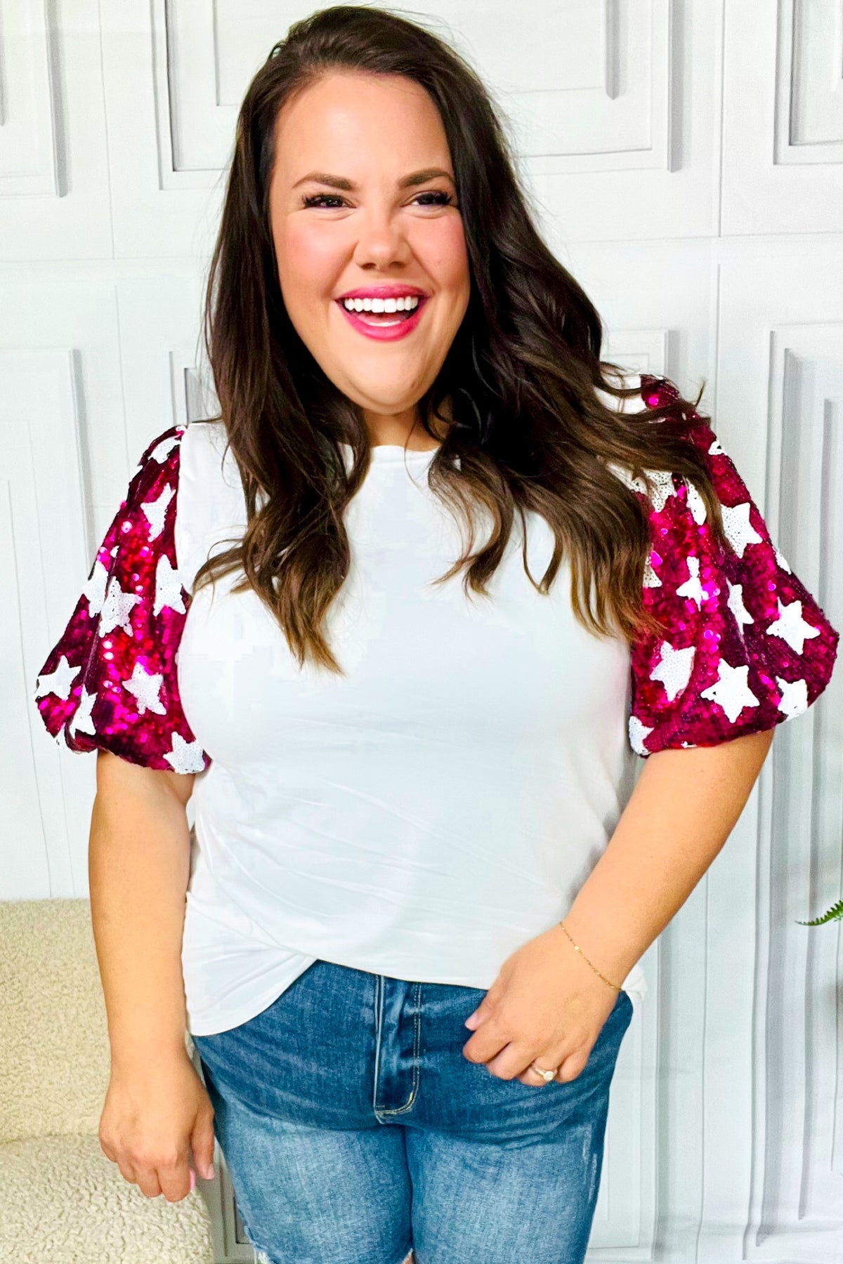 Feeling Patriotic White & Magenta Star Sequin Puff Sleeve Top