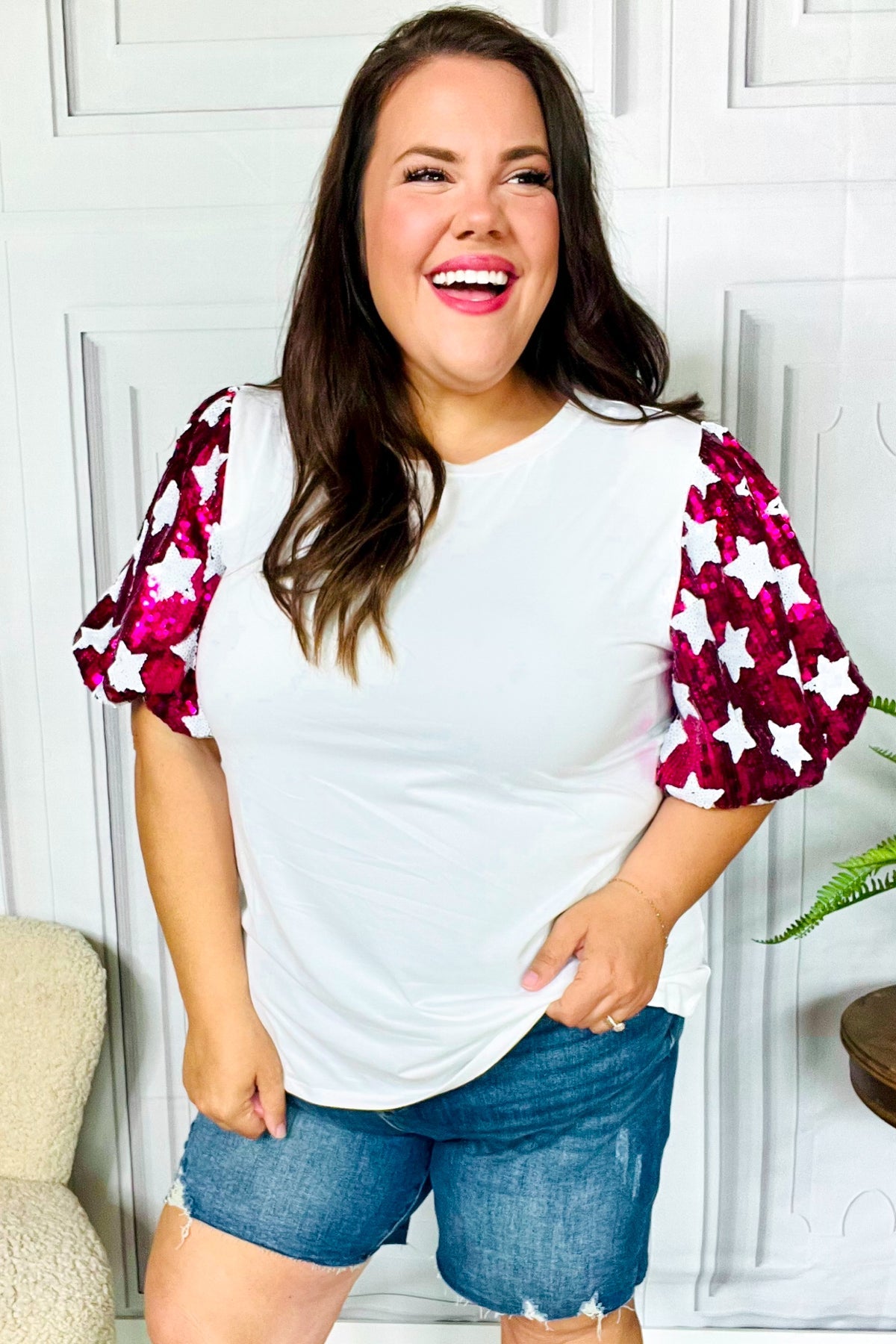 Feeling Patriotic White & Magenta Star Sequin Puff Sleeve Top