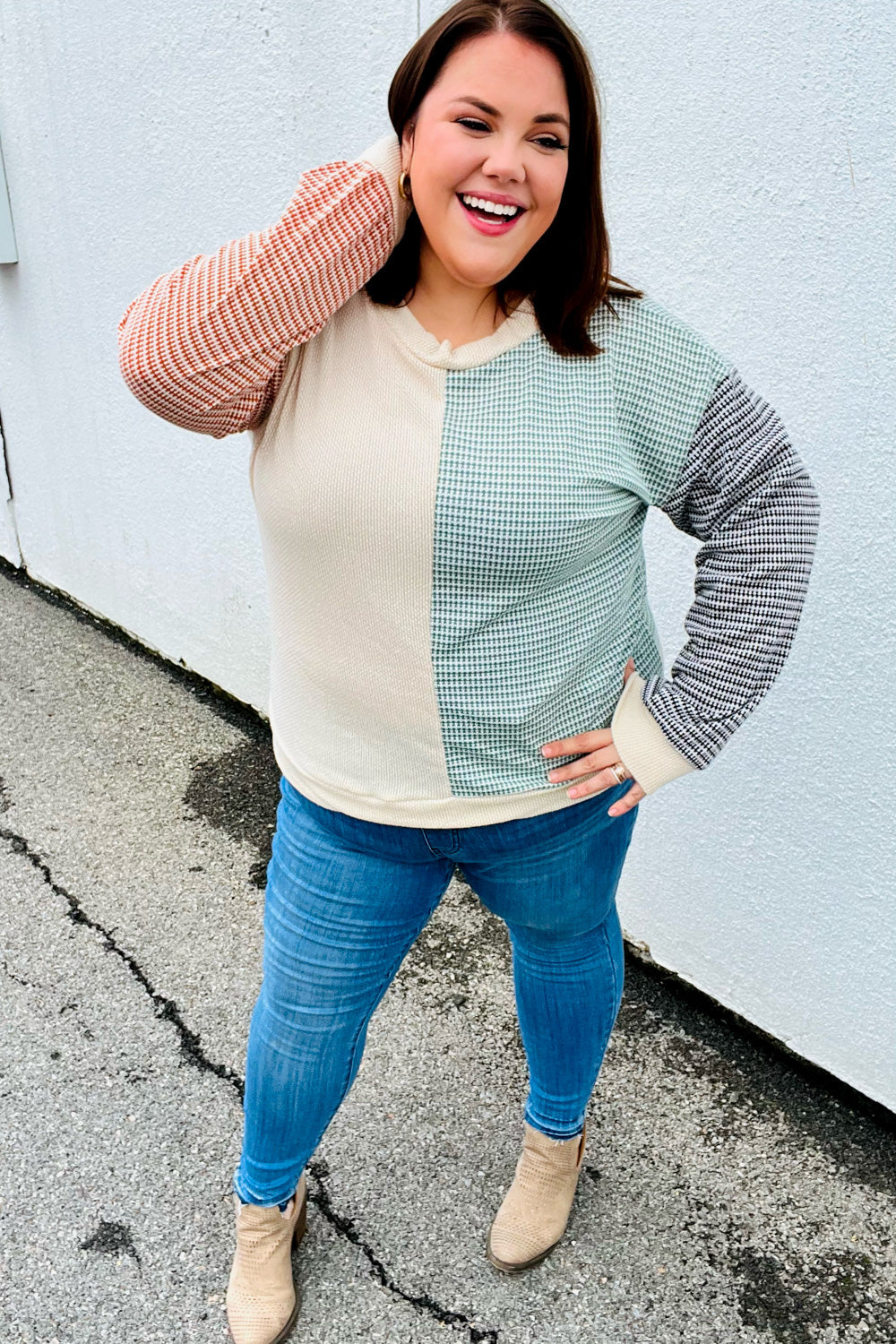 Rust & Olive Two-Tone Knit Color Block Top