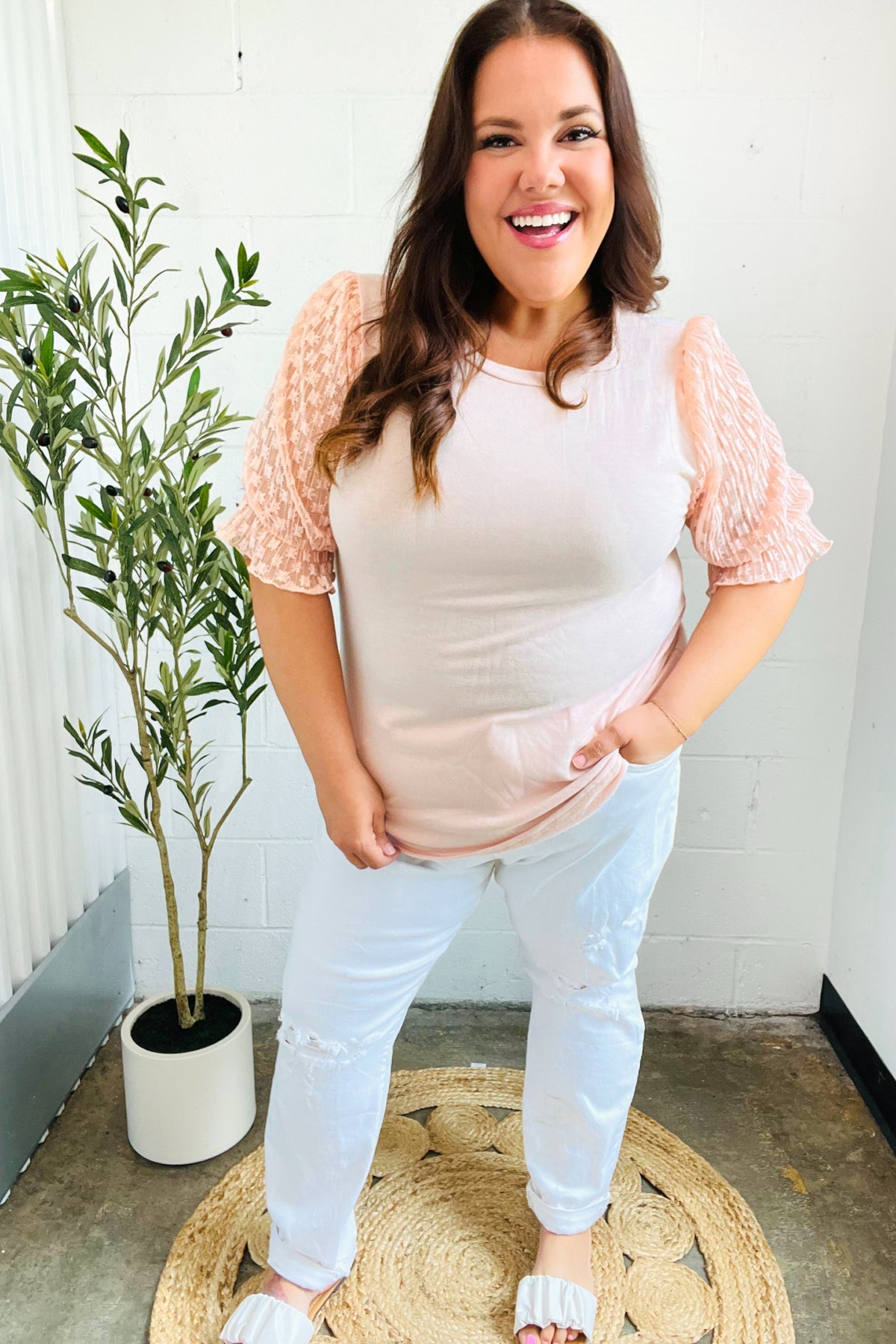 Pretty In Peach French Terry Lace Sleeve Top