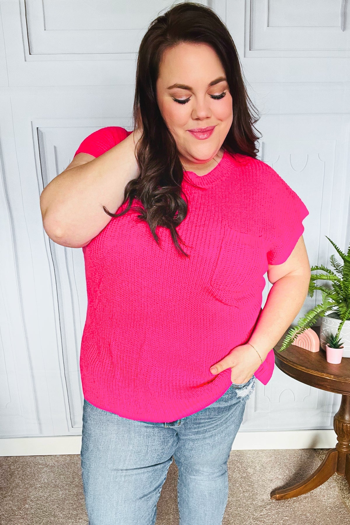 Best In Bold Hot Pink Dolman Ribbed Knit Sweater Top