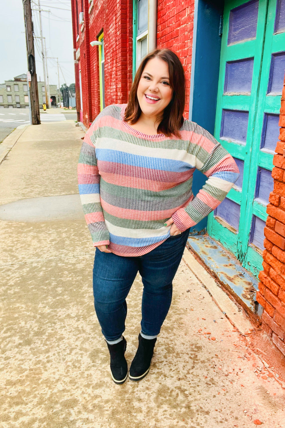 Blue & Olive Textured Vintage Stripe Top