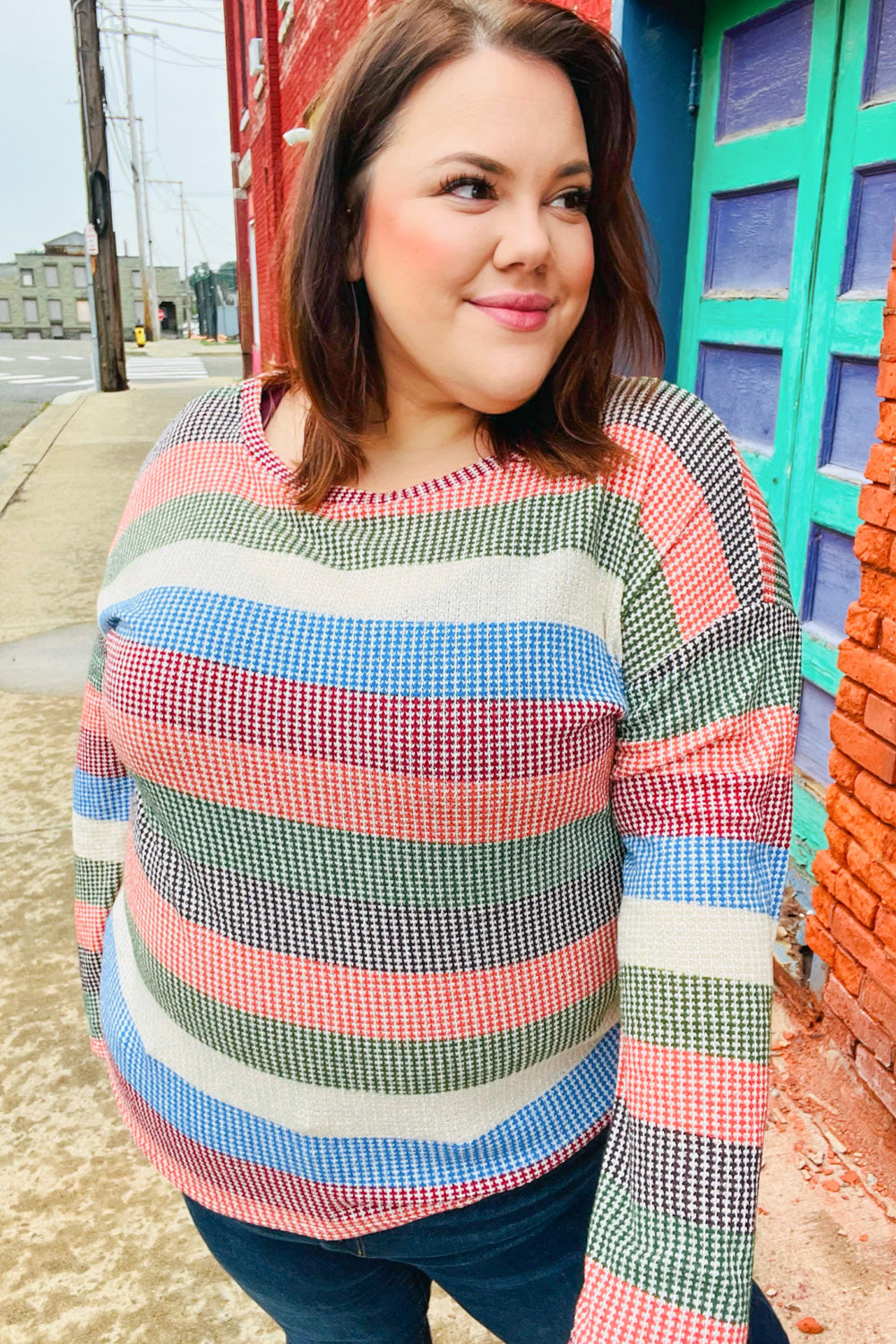 Blue & Olive Textured Vintage Stripe Top