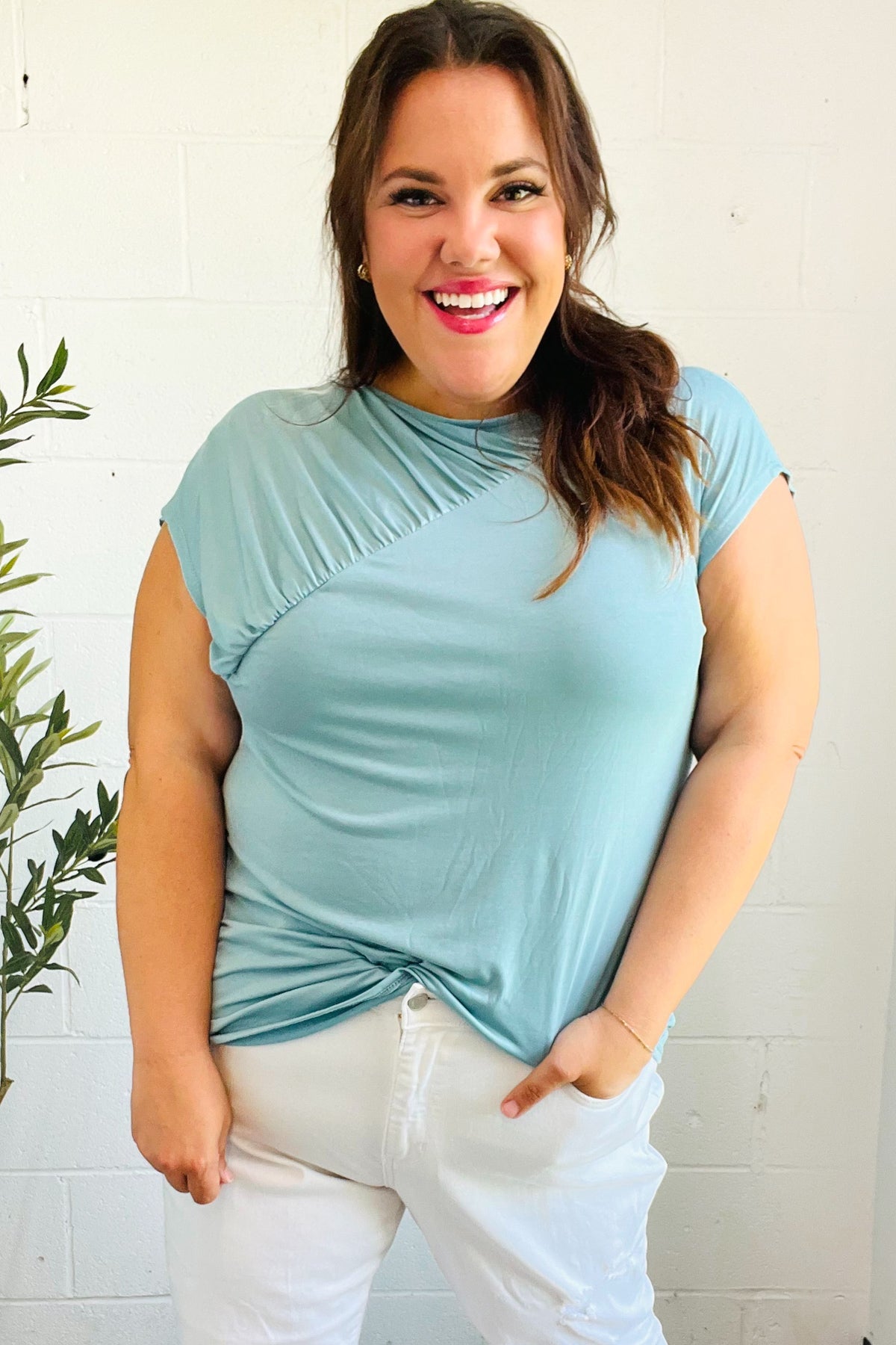 Charming in Aqua Asymmetrical Shirred Modal Top