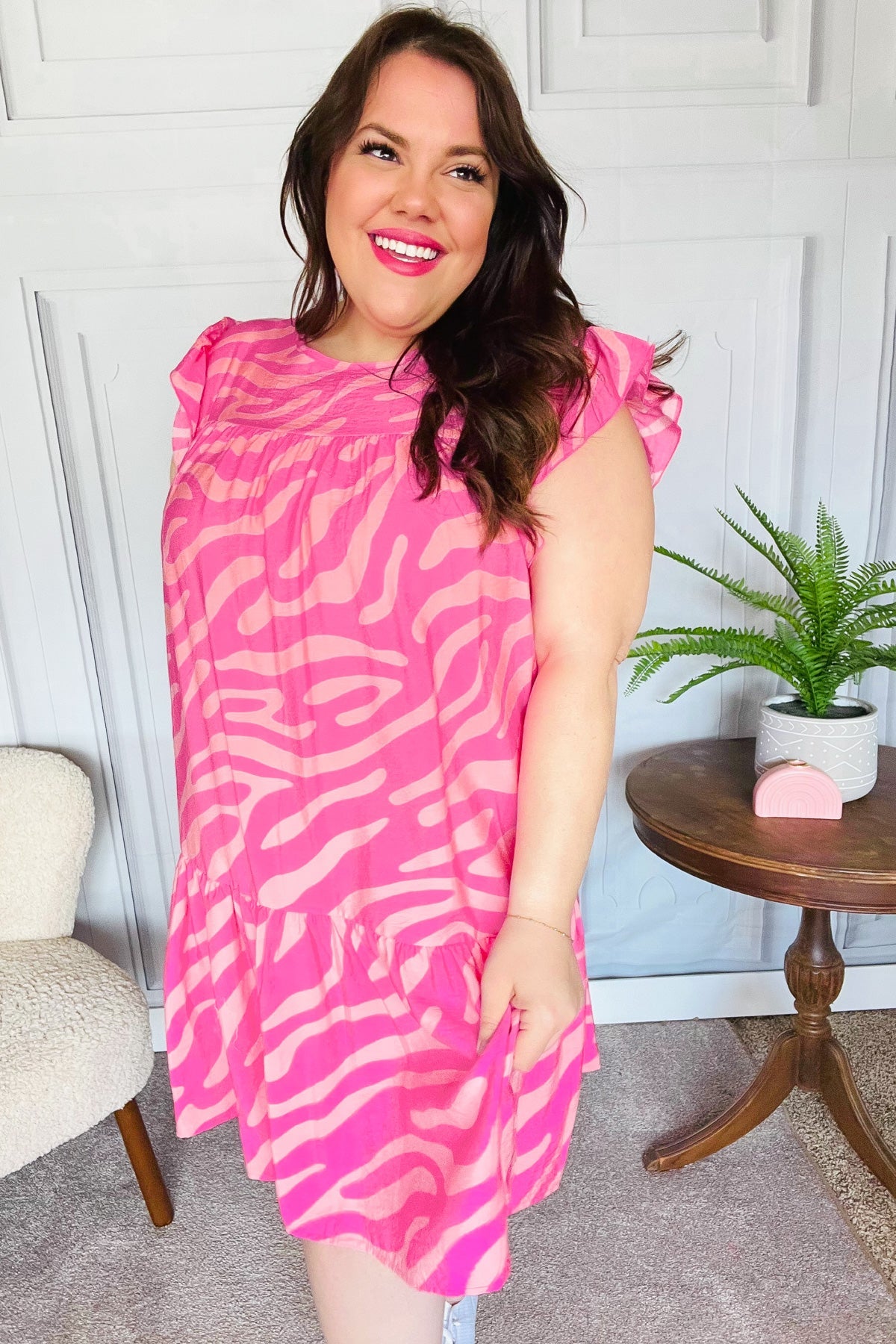 Remember Me Pink Zebra Print Tiered Ruffle Sleeve Woven Dress