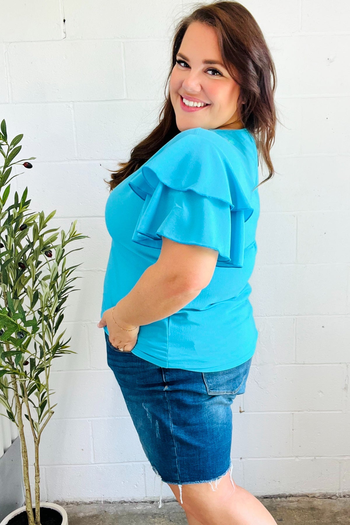 Lovely In Blue Tiered Double Ruffle Sleeve Woven Top