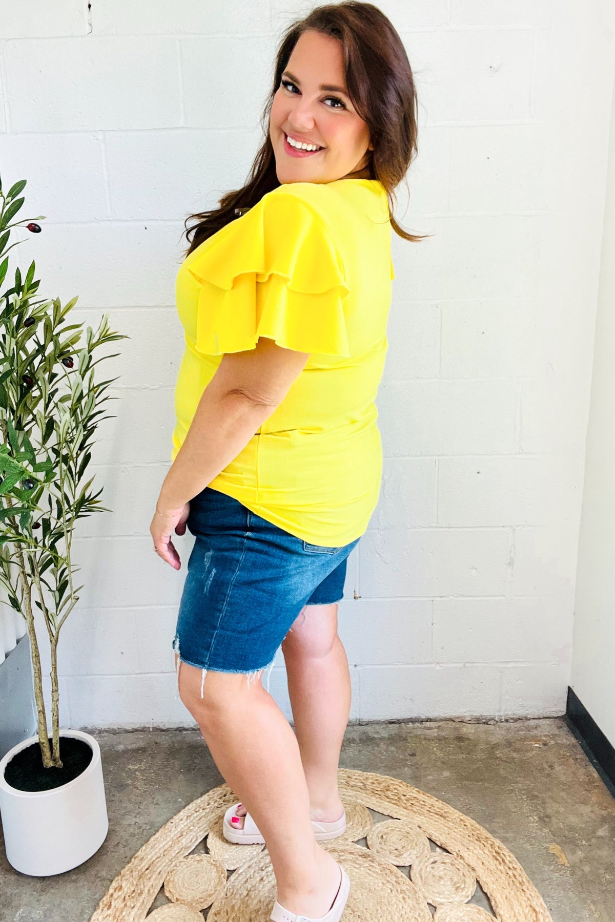 Lovely In Yellow Tiered Double Ruffle Sleeve Woven Top