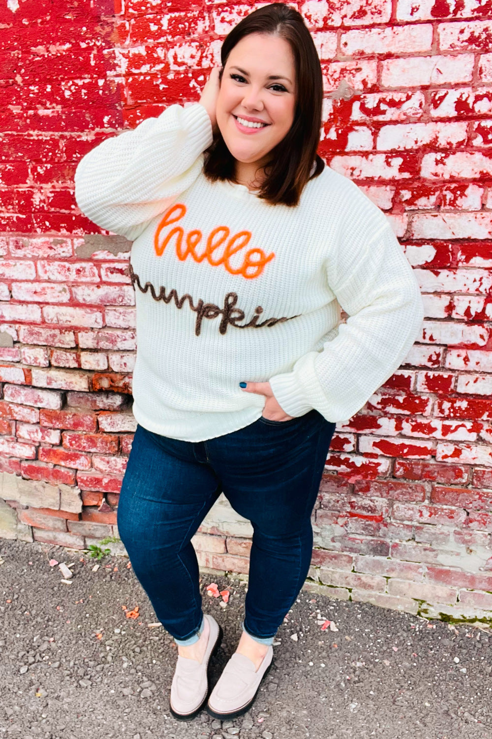 Cream Embroidered Neon "Hello Pumpkin" Chunky Sweater