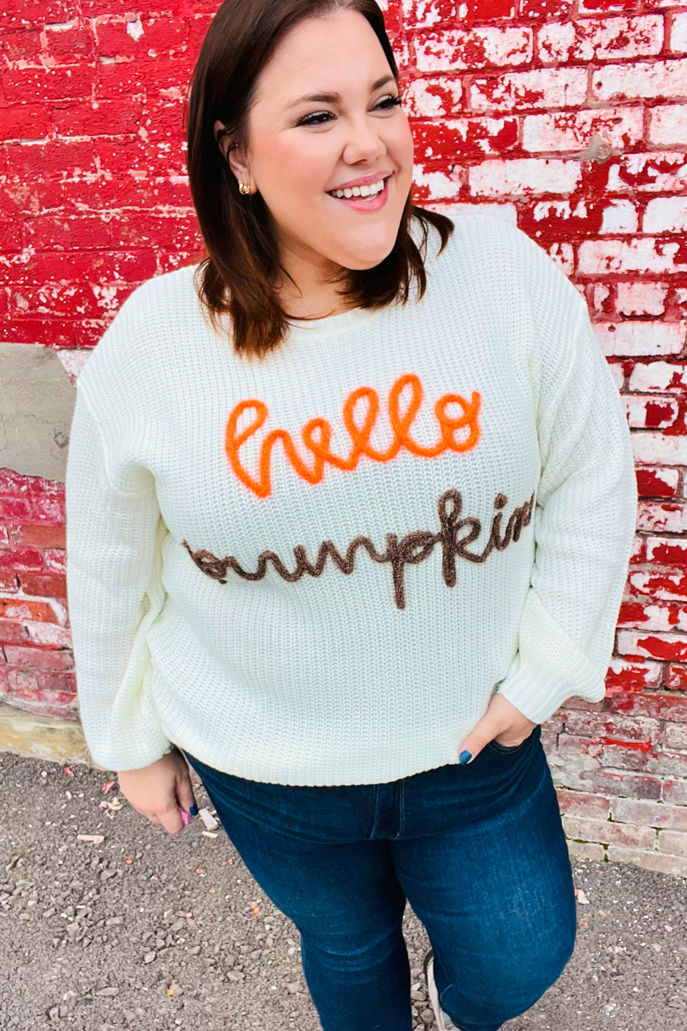 Cream Embroidered Neon "Hello Pumpkin" Chunky Sweater